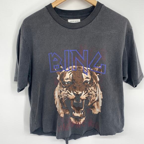 Anine Bing Top Women’s Large Tiger Punk Rock Weathered Distressed Black Cropped - Picture 1 of 6